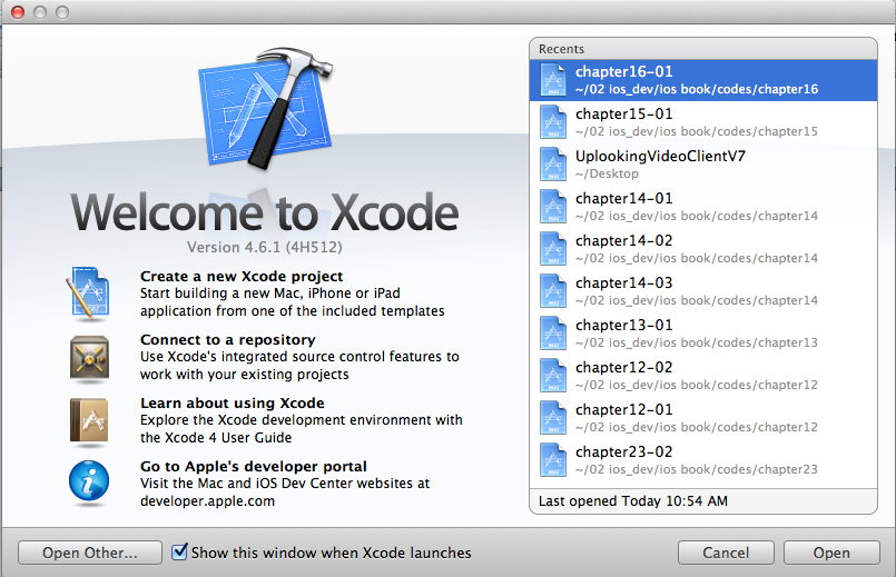 图2.2  XCode的启动界面